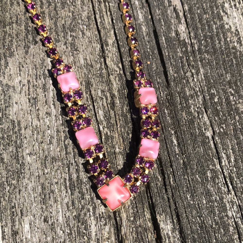 Vintage pink and purple rhinestone necklace 16”